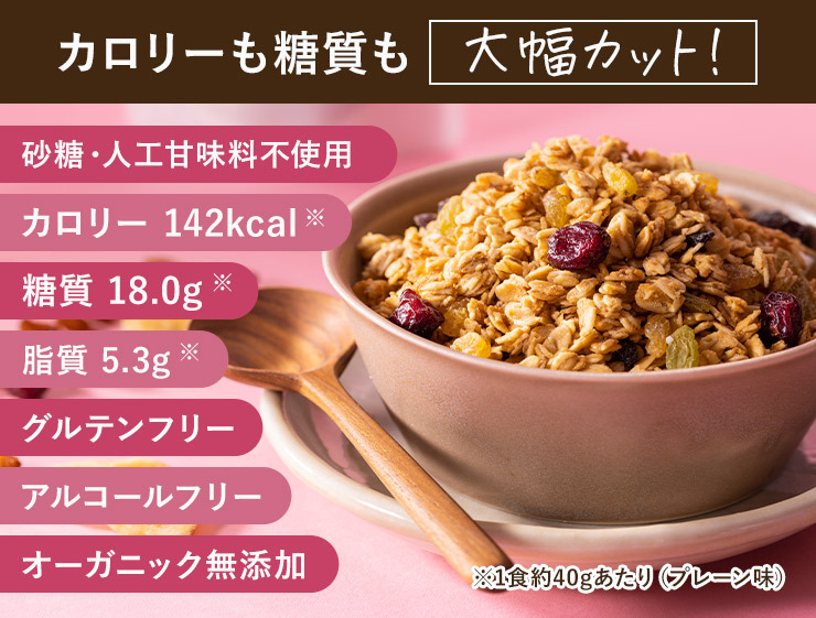 カロリーも糖質も大幅カット！砂糖・人工甘味料不使用 カロリー 142kcal 糖質 18.0g 脂質 5.3g グルテンフリー アルコールフリー オーガニック無添加